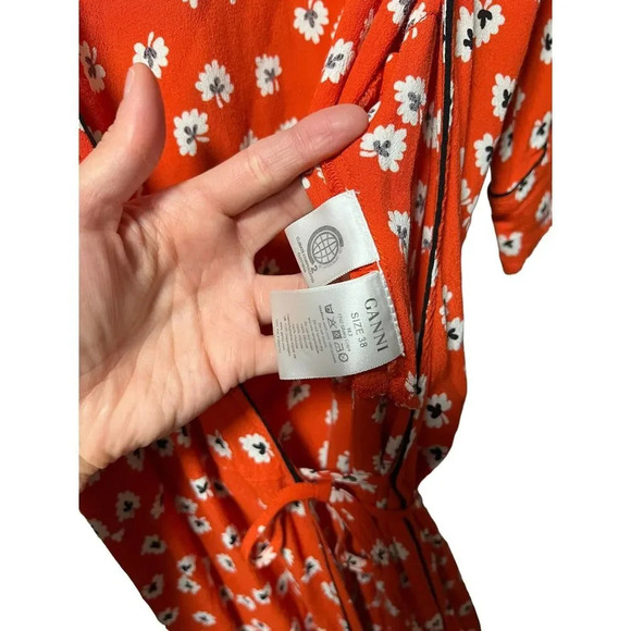 Ganni Crepe Floral Print Midi Wrap Dress in Coral Red Size 8 - Picture 8 of 10